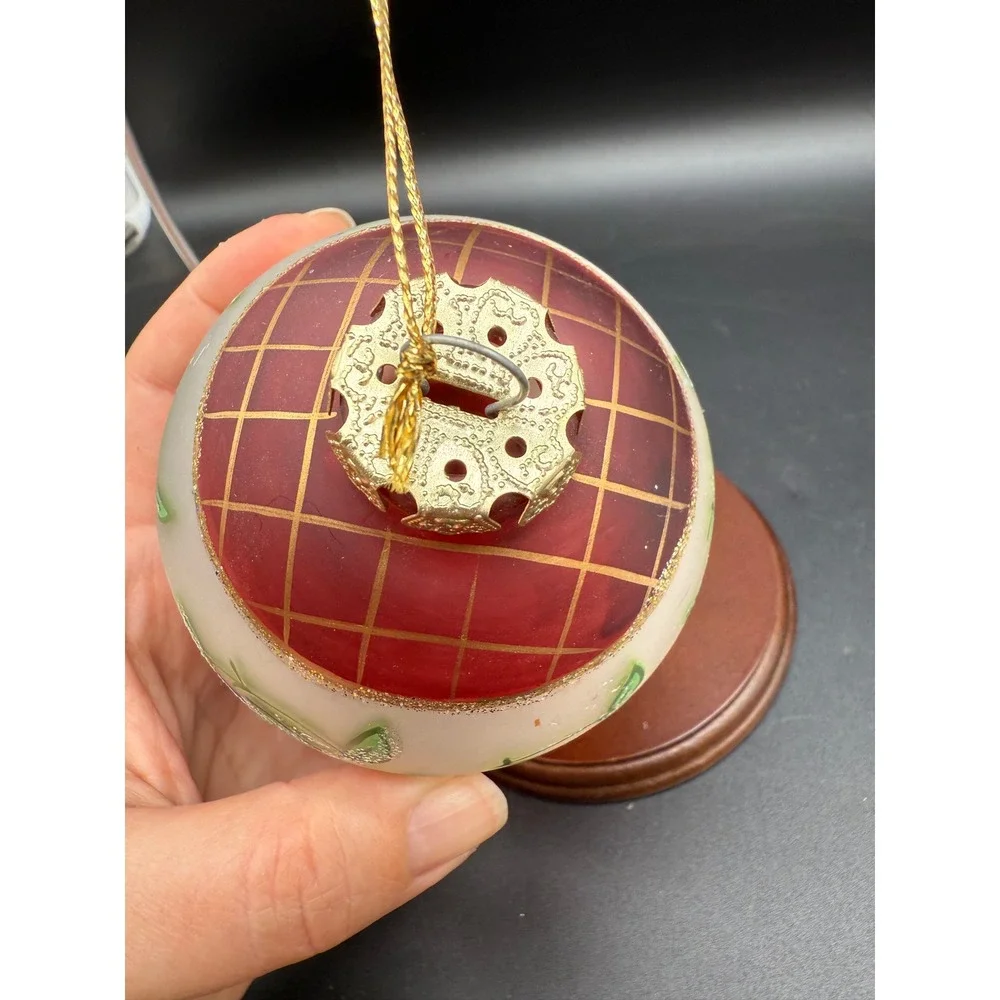 Hand Painted Glass Ornament Fruit Motif‎ Round Frosted with Gilded Red Top